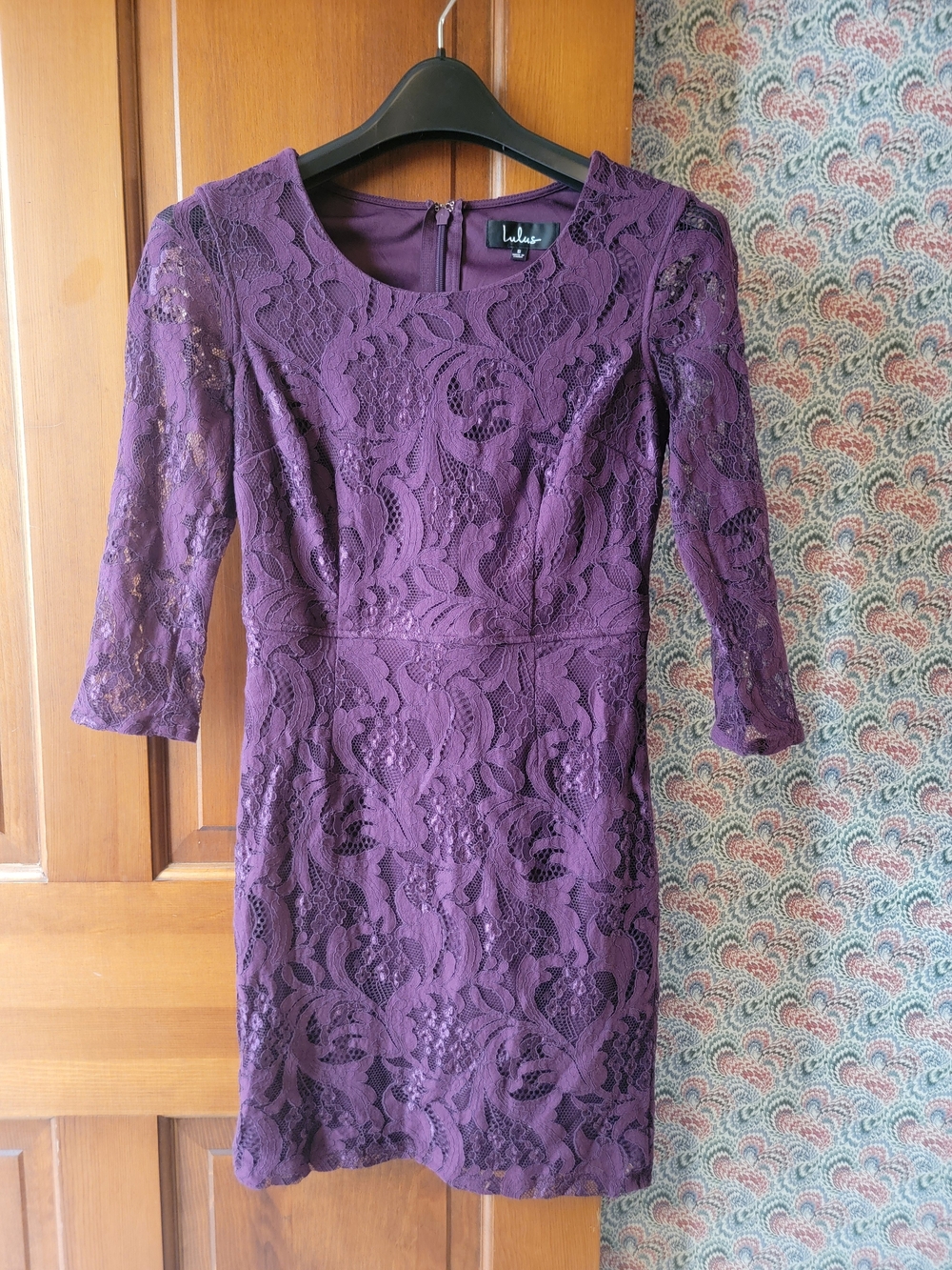Lulu's Deep Purple Lace Sheath Mini Dress with Three-Quarter Sleeves Small